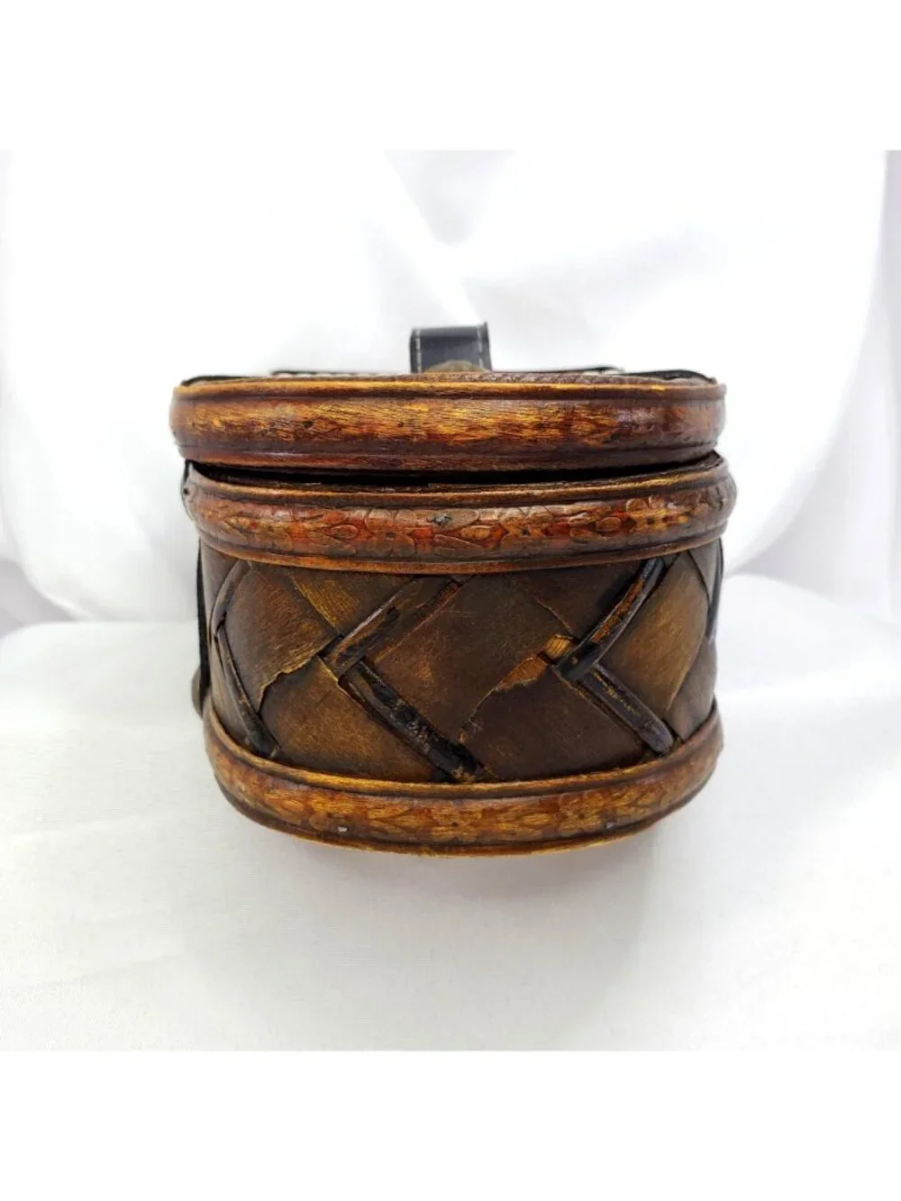 Vintage Wooden Woven Storage Basket With Leather Straps & Metal Accents 10